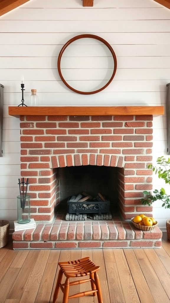 A cozy brick fireplace with a shiplap surround, wooden mantel, and decorative accents.