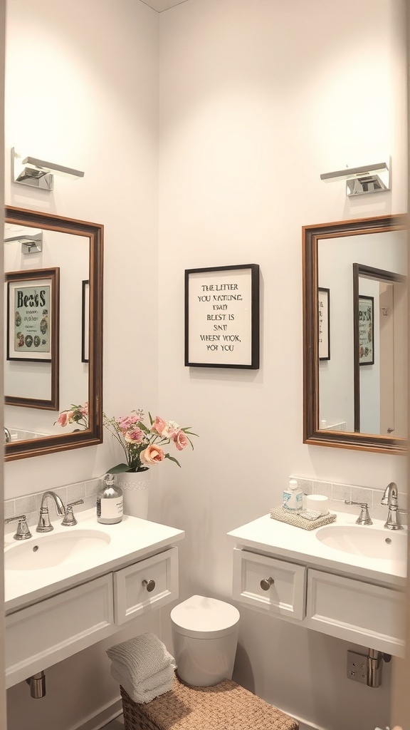 A stylish bathroom with two sinks, framed mirrors, and a quote on the wall, featuring fresh flowers and a cozy basket.