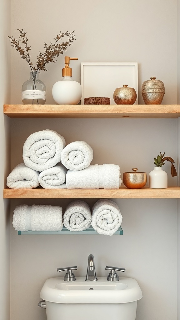 A bathroom shelf with neatly rolled white towels, decorative jars, a soap dispenser, and a vase with greenery.