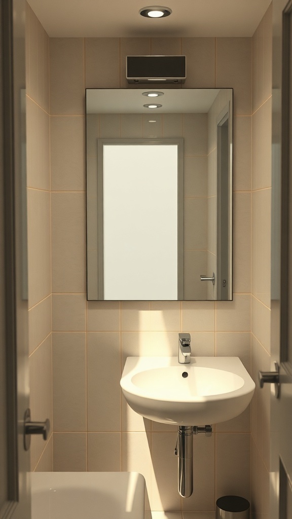 A small bathroom featuring a mirror above a sink, with modern lighting and neutral tiles.
