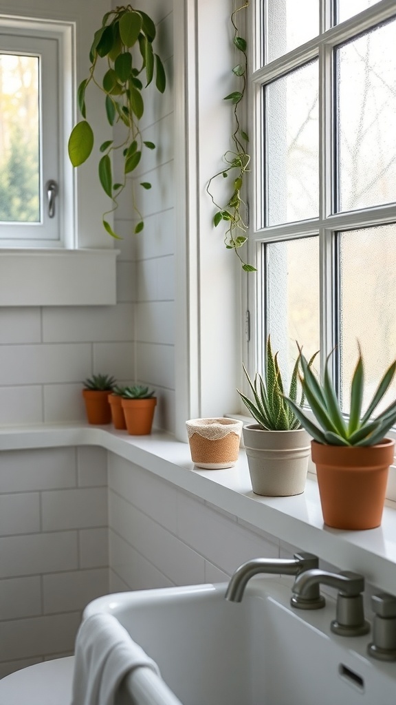 A bright bathroom with succulents and greenery on the windowsill and hanging plants.