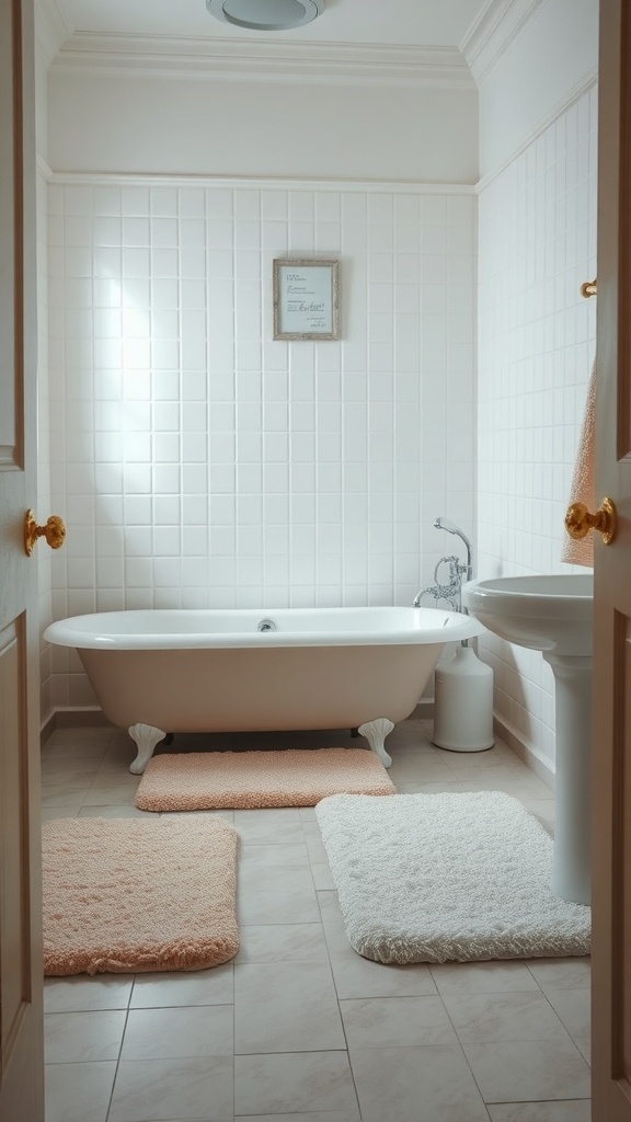 A vintage bathroom featuring a clawfoot tub and soft pastel bath mats.