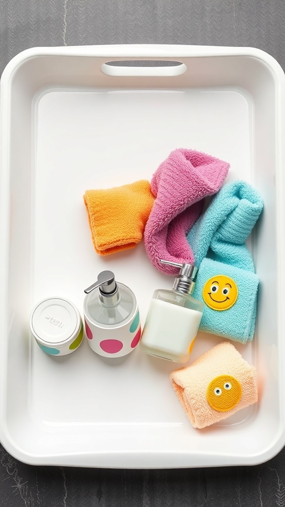A white tray with colorful towels and fun soap containers arranged neatly.