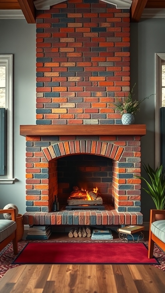 A stone brick fireplace painted in warm colors with a cozy fire burning inside.