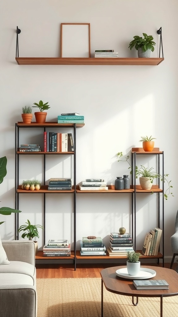 Open shelving unit in an industrial farmhouse living room, featuring wood and metal design with books and plants.