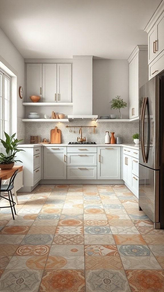 Stylish kitchen with artful tile patterns on the floor