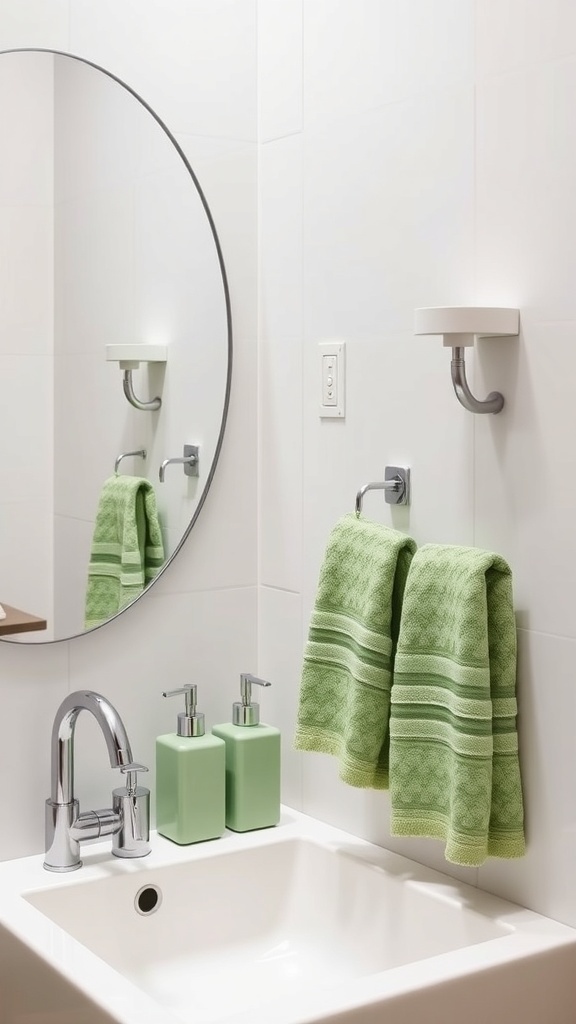 A modern bathroom featuring sage green accessories including towels and soap dispensers.