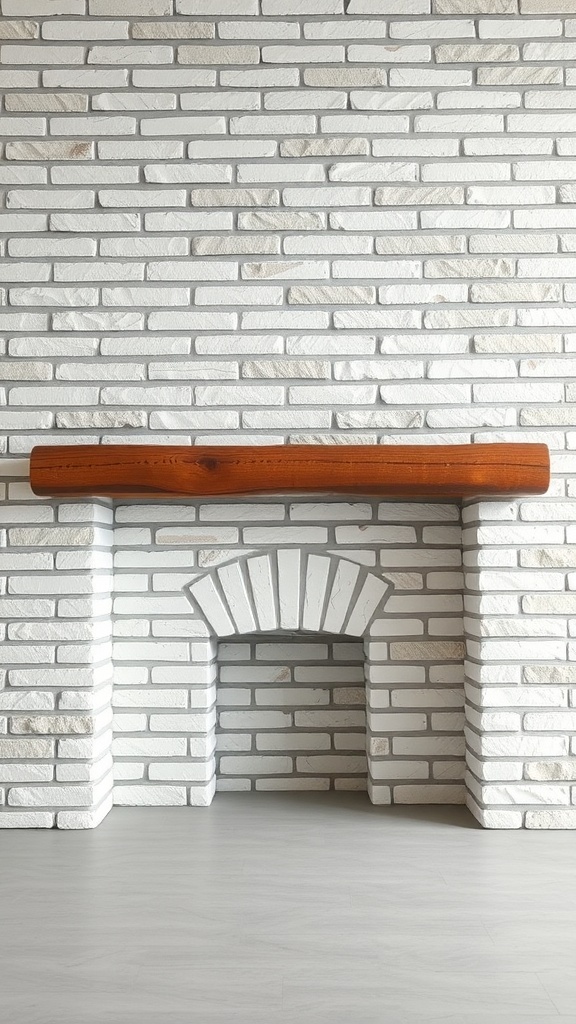 A modern whitewashed stone brick fireplace with a wooden mantel.