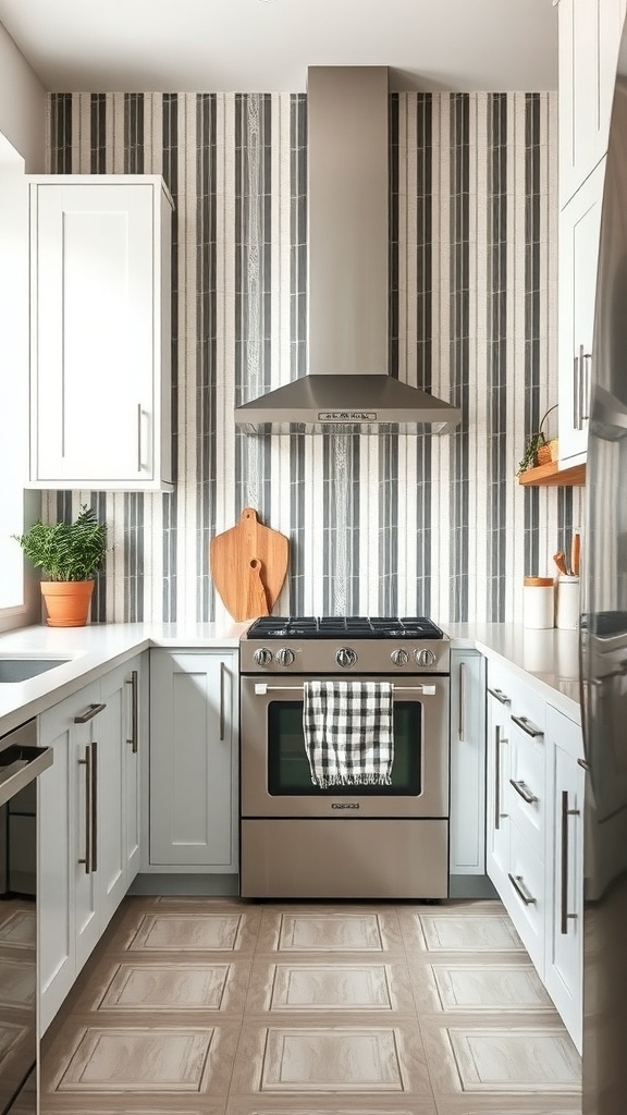 A modern kitchen featuring a stylish vertical striped backsplash in muted tones, complemented by light grey cabinets and stainless steel appliances.