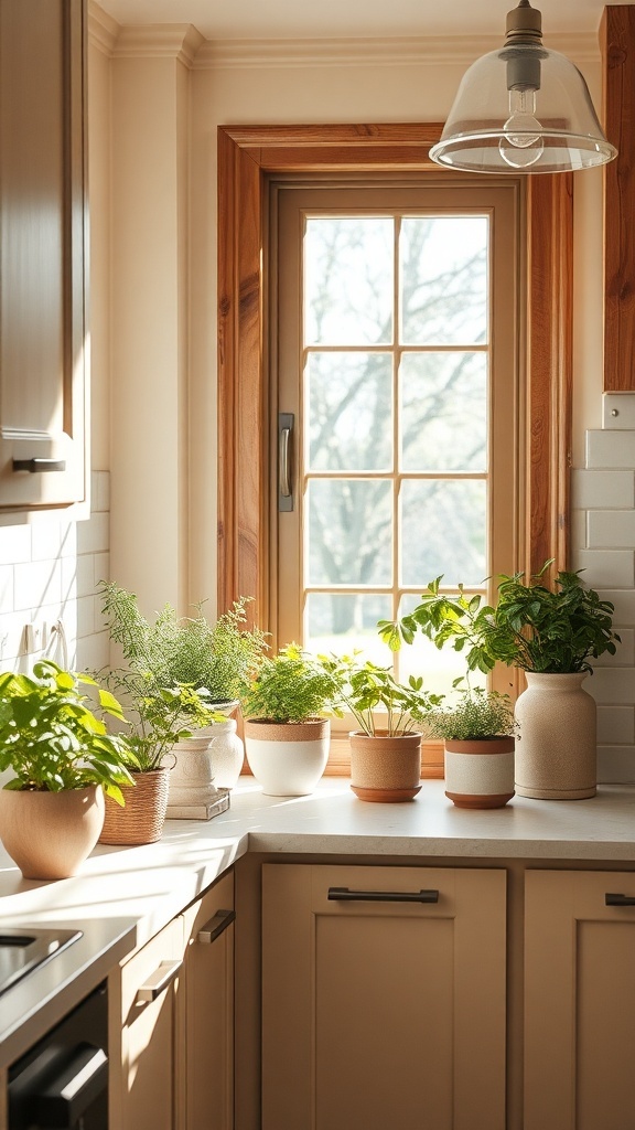 A kitchen windowsill filled with various herbs in pots, showcasing a cozy and inviting atmosphere.
