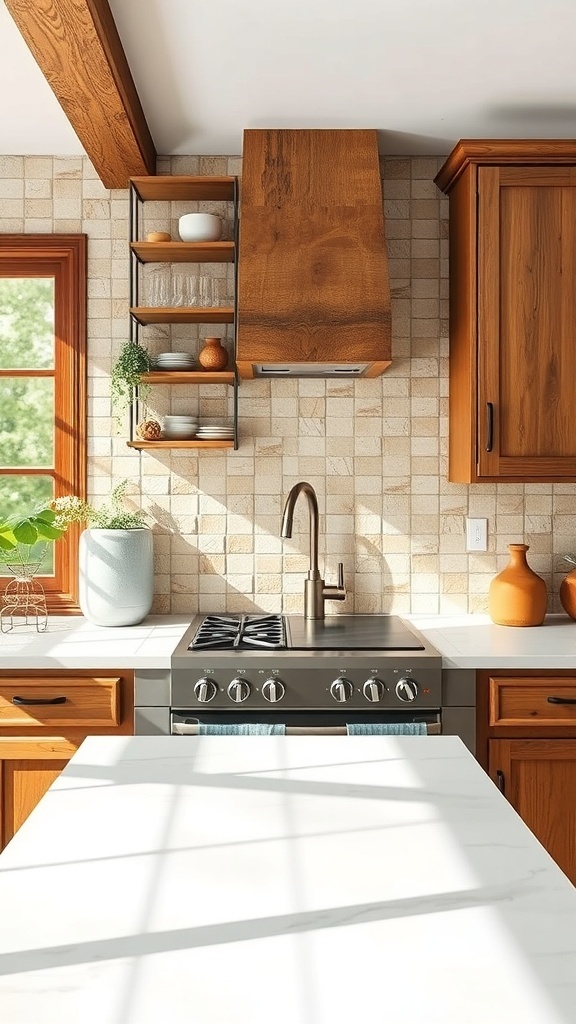 A kitchen featuring an earthy stone mosaic backsplash, wooden cabinets, and modern appliances.