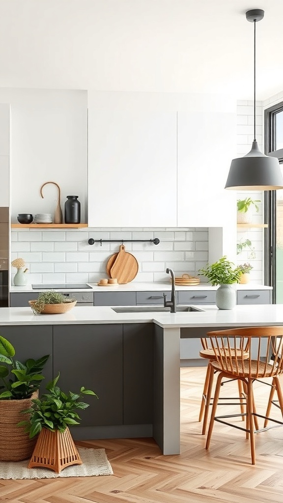 A modern kitchen featuring sustainable materials, plants, and wooden accents.