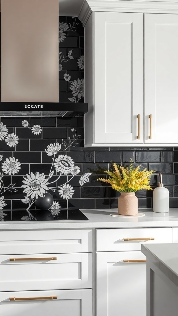 A modern kitchen with a black and white floral backsplash, white cabinets, and a sleek countertop.