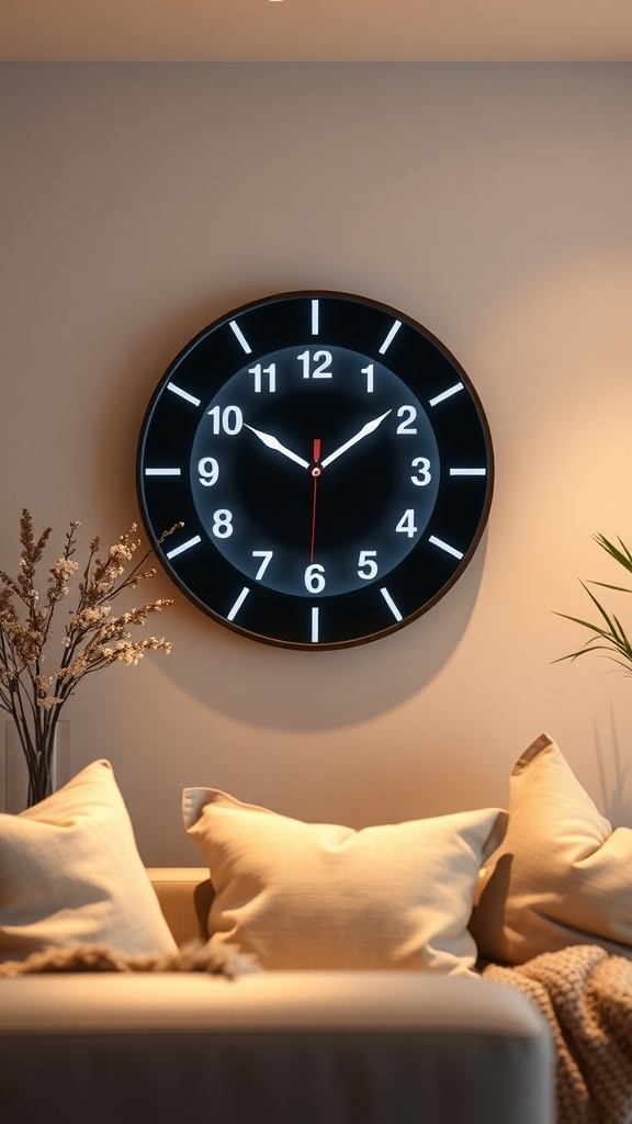 A modern wall clock with ambient lighting, featuring a black face and illuminated numbers, hanging in a cozy living room setting.