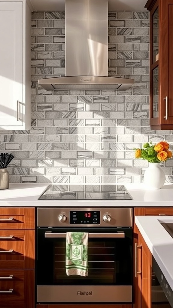 Elegant glass tile backsplash in a modern kitchen with white and brown cabinets.