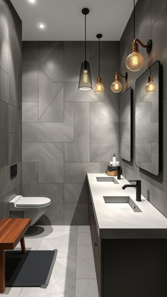 A modern bathroom featuring a concrete countertop, gray walls, pendant lights, and a minimalist design.