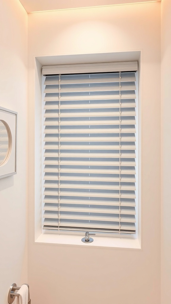 A bathroom window with minimalist blinds, showcasing clean lines and a modern design.