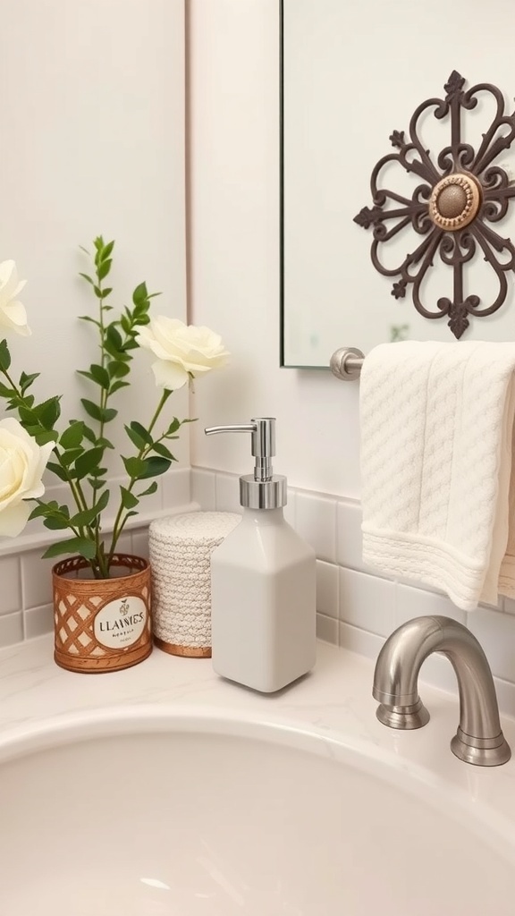A stylish bathroom counter featuring a modern soap dispenser, decorative flowers, and a textured towel.