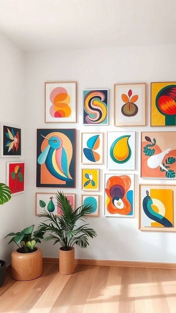 A gallery wall featuring colorful abstract art pieces with various shapes and designs.