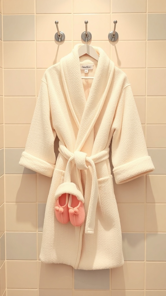 A cream bathrobe hanging on hooks with pink slippers attached.