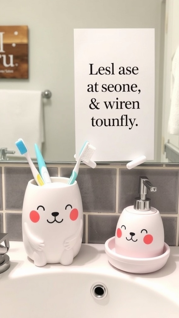 Whimsical bathroom accessories featuring cute animal designs for toothbrush holder and soap dispenser.