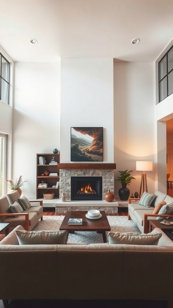 Open concept living room featuring a cozy fireplace, modern furniture, and natural light.
