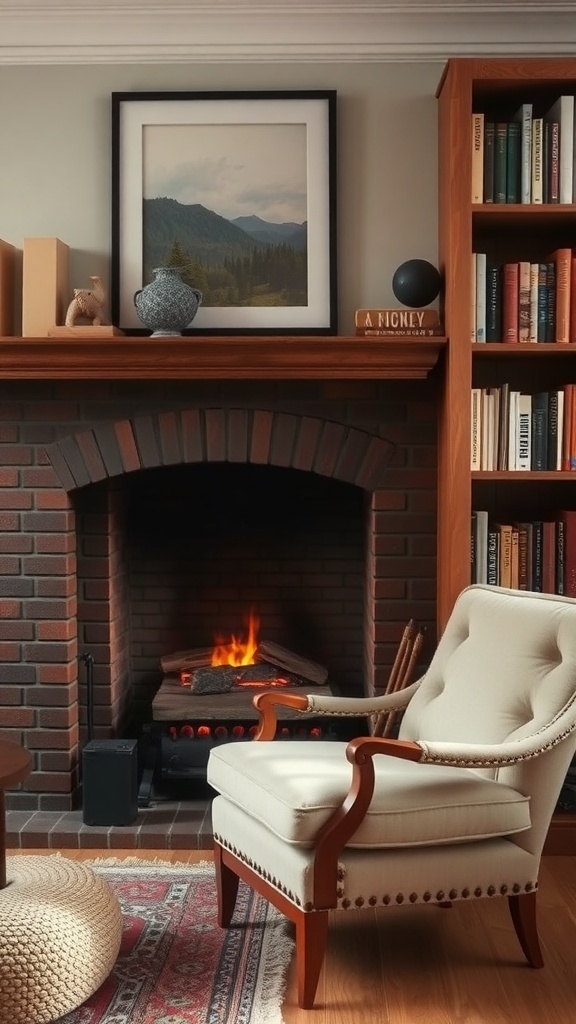 A cozy reading nook featuring a comfortable chair, a fireplace, and a bookshelf.