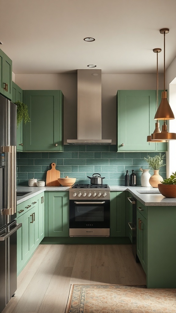 A modern kitchen featuring sage green cabinets, a stainless steel stove, and a stylish backsplash.