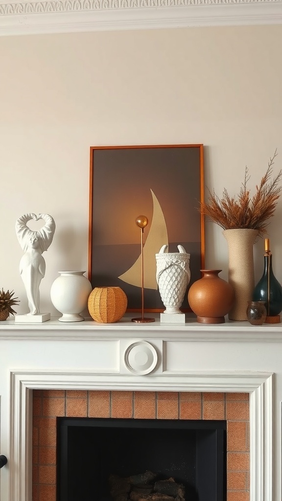 A stylish mid-century modern fireplace mantel display featuring various decorative items, including vases and a heart sculpture.