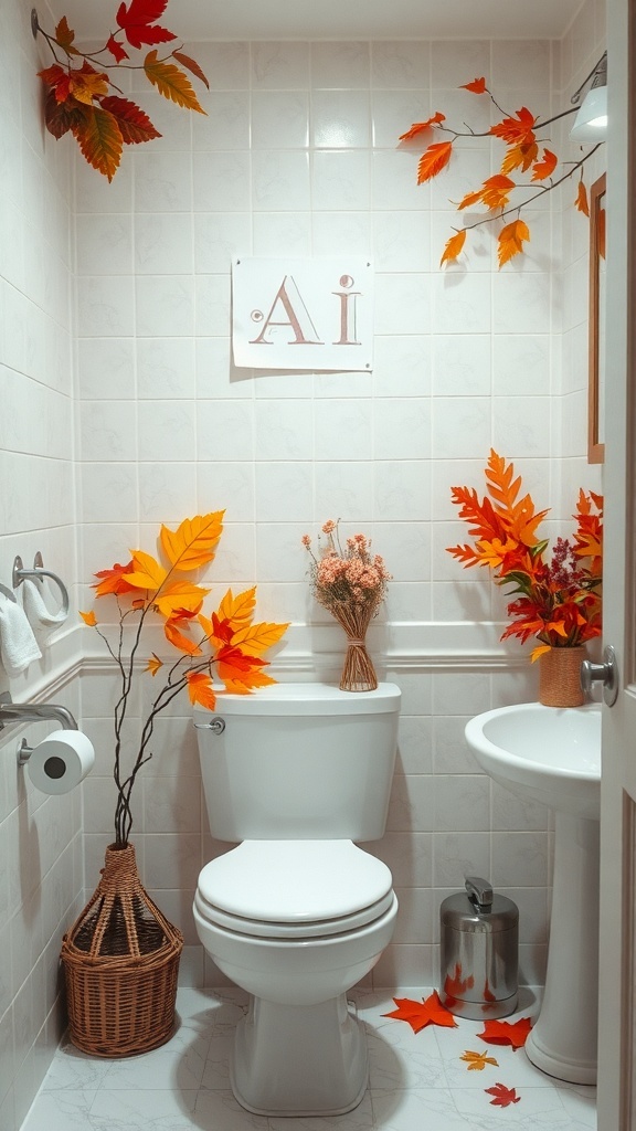A cozy autumn-themed bathroom with warm colored leaves and floral arrangements.