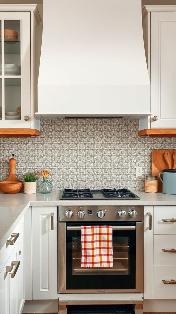 A kitchen featuring vintage tin panel backsplash with white cabinets and modern appliances.