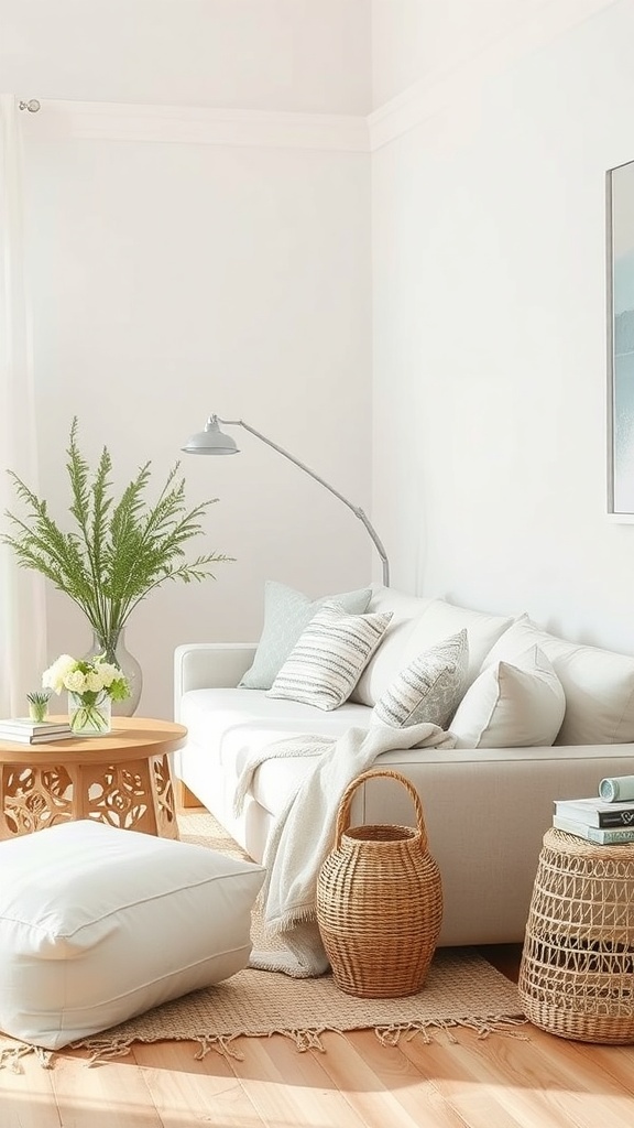 Coastal farmhouse living room with light colors, soft fabrics, and natural materials.