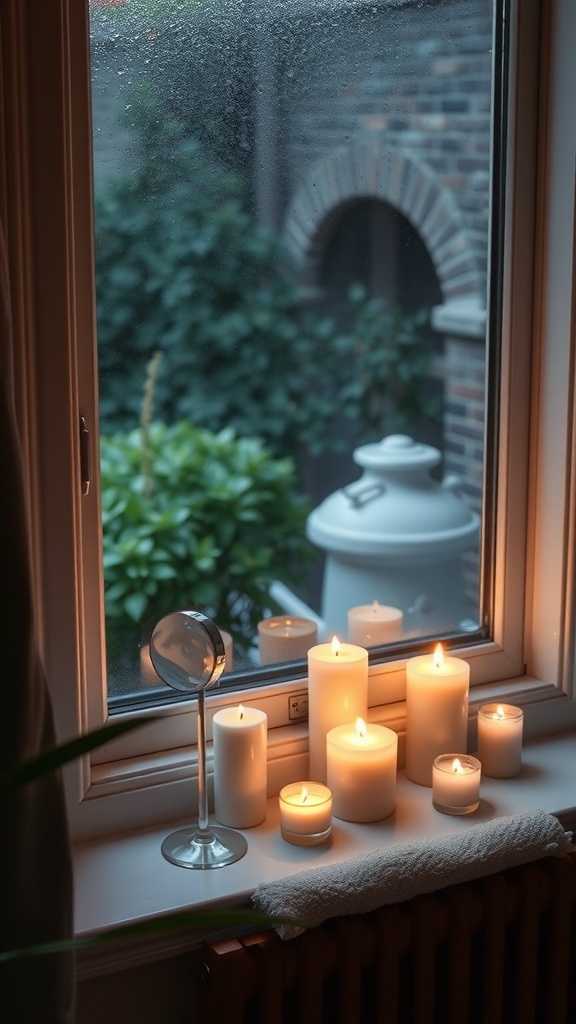 A cozy bathroom window sill with scented candles and a mirror, creating a warm atmosphere.