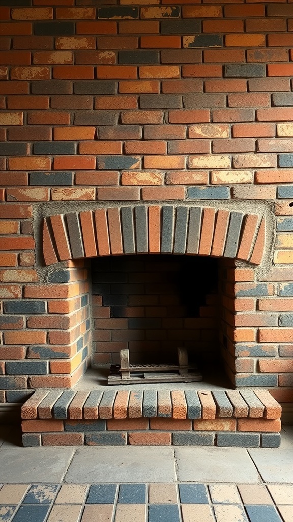 A vintage brick fireplace showing signs of wear, featuring a mix of warm-toned bricks.