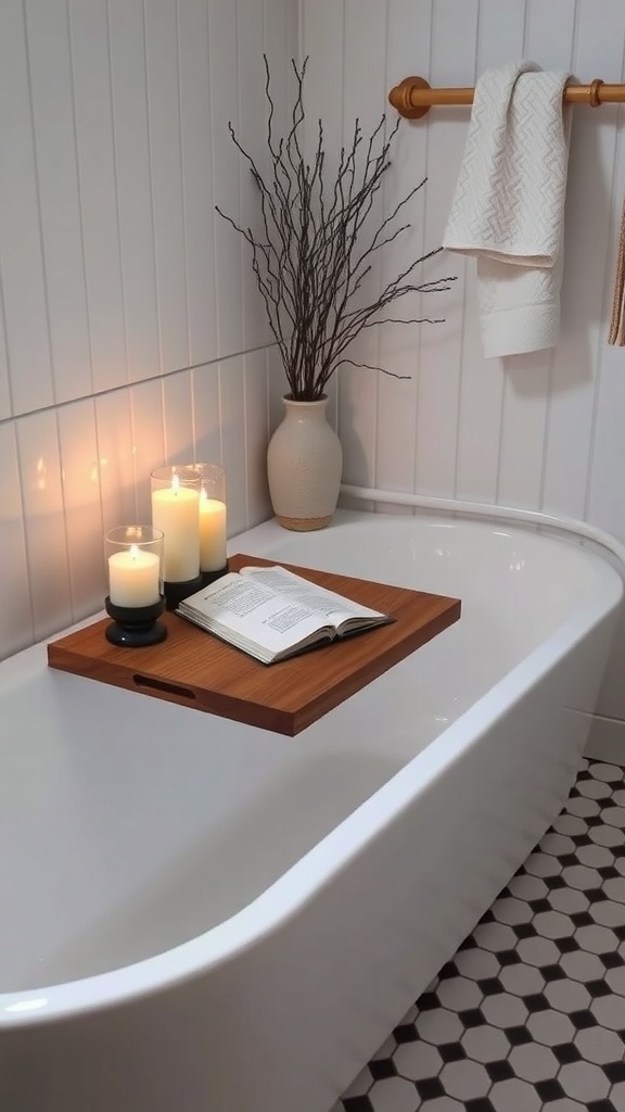 A cozy bathtub with a wooden tray holding candles and a book, surrounded by a vase of branches.