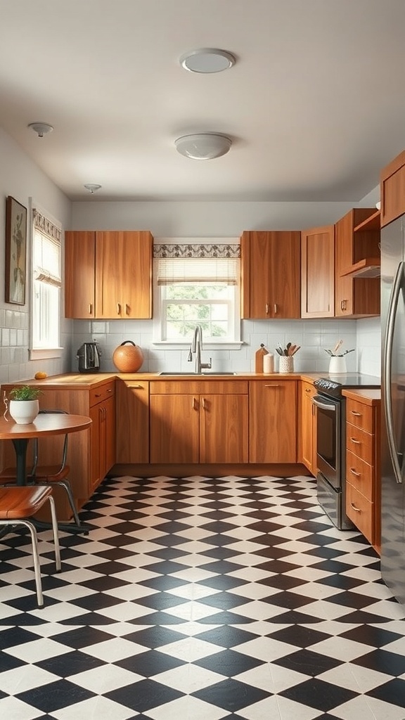 Mid century modern kitchen with classic checkerboard floors and warm wood cabinets.