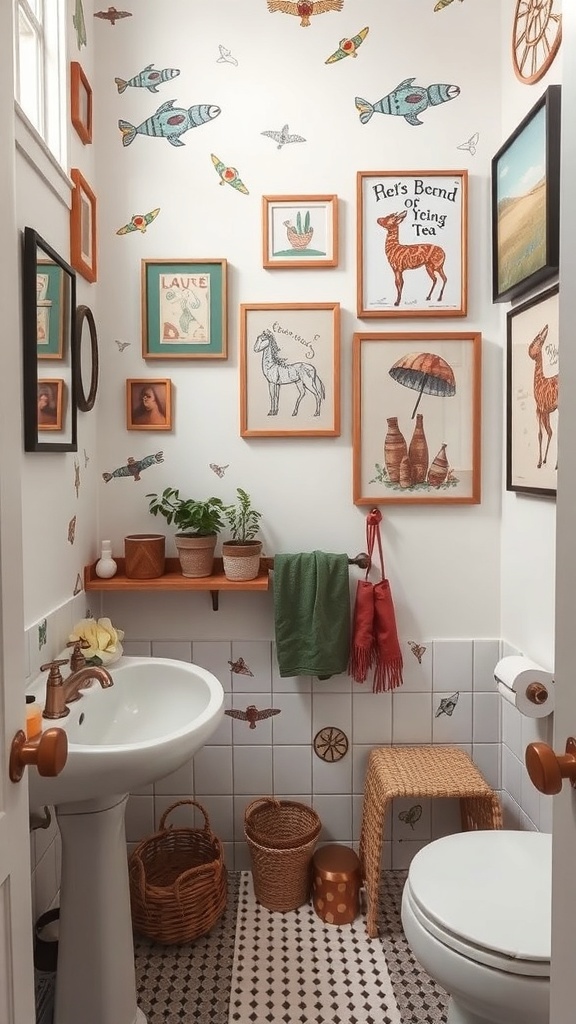A bohemian bathroom featuring whimsical artwork and prints on the walls, showcasing colorful fish, animals, and framed art.