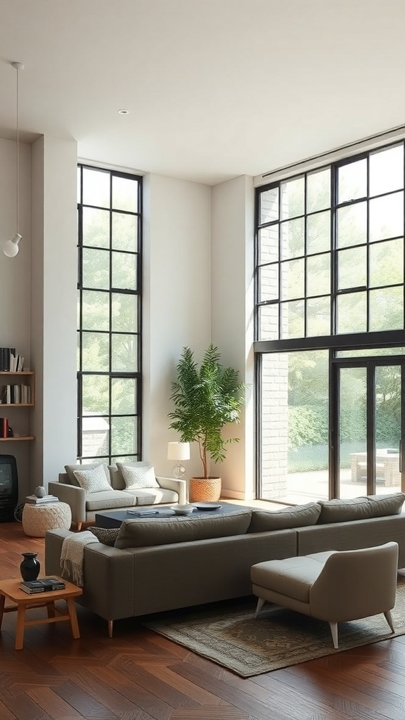 A bright industrial farmhouse living room with large windows, modern furniture, and a cozy atmosphere.