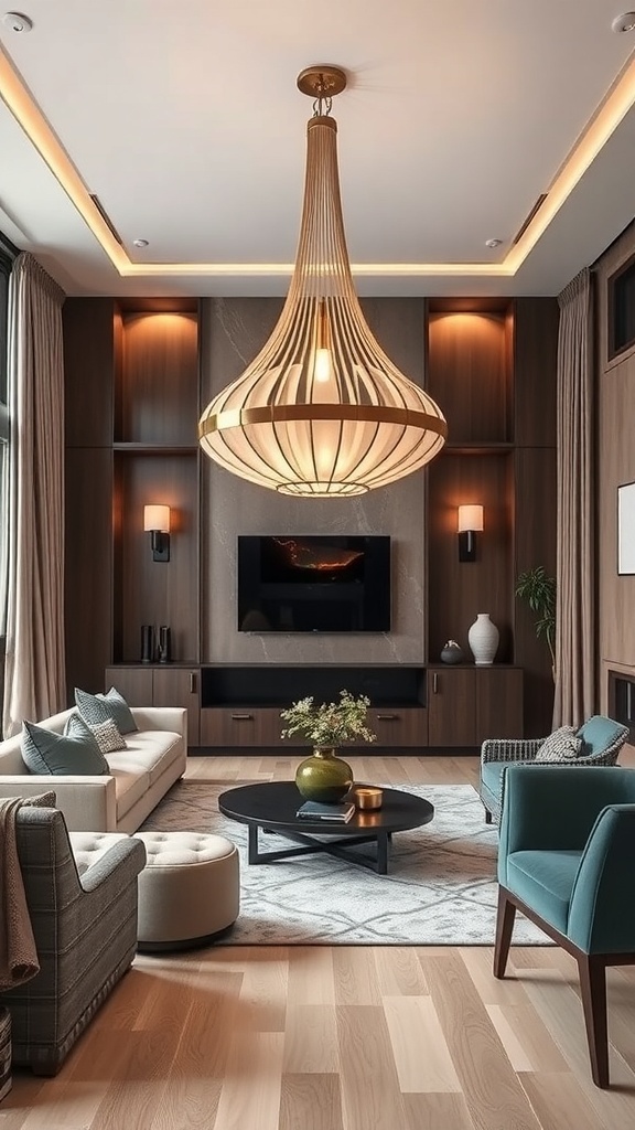 A modern chandelier in an industrial farmhouse living room, illuminating the space with a warm glow.
