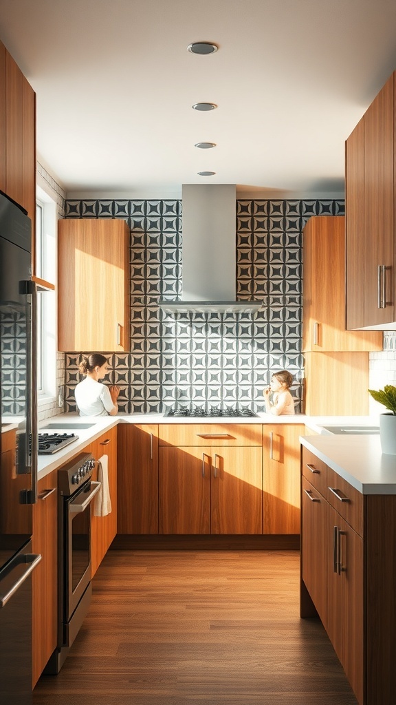 A modern mid century kitchen featuring a geometric tile backsplash and warm wood cabinets.