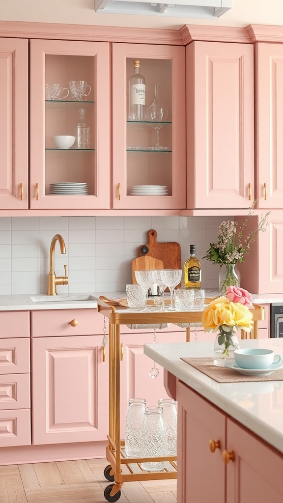 A blush pink bar cart in a modern kitchen with pink cabinets and gold accents.