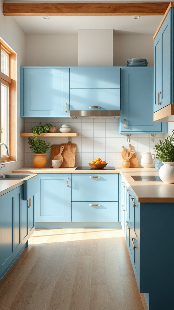 A bright blue kitchen with natural wood accents, featuring light blue cabinets, wooden countertops, and an inviting layout.