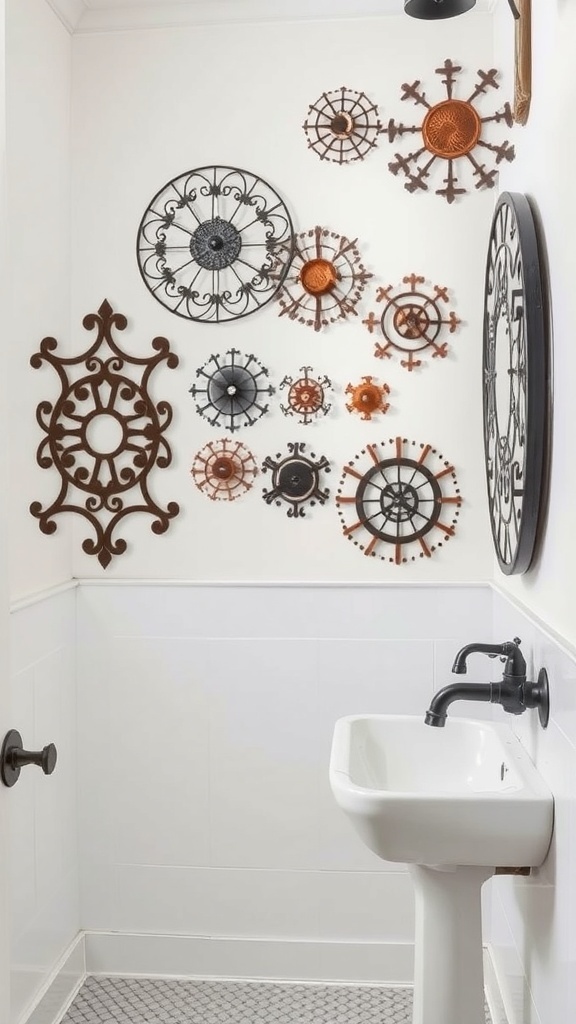 An industrial bathroom featuring a variety of metal wall art pieces in different shapes and colors.