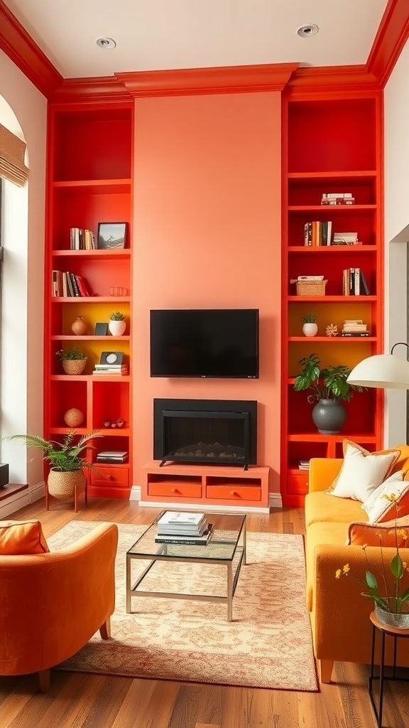 Living room with colorful built-in shelves in orange, featuring a TV and cozy seating.