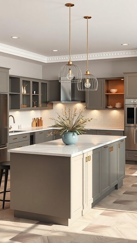 A modern kitchen with a decorative centerpiece on the island, featuring gray cabinetry and stylish lighting.