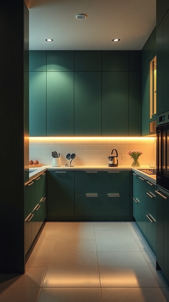 Modern kitchen featuring dark green cabinets with integrated lighting