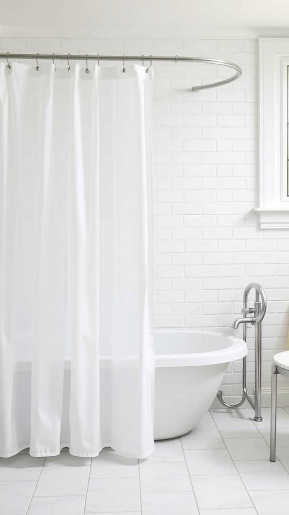 A stylish bathroom featuring a white shower curtain and modern bathtub.