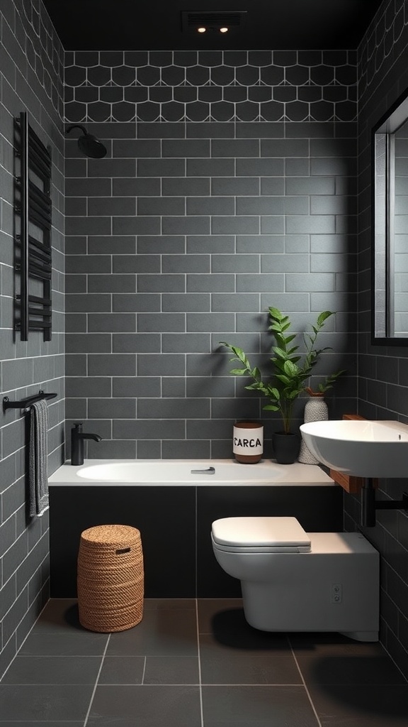 A modern minimalist bathroom featuring dark tiles, a floating sink, and a small plant.