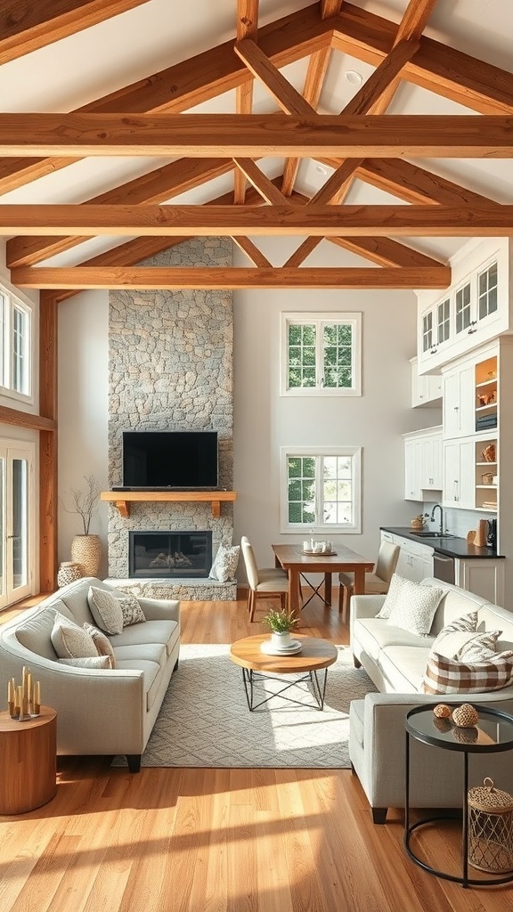 Stylish rustic kitchen and living room combo featuring wood beams and stone accents.