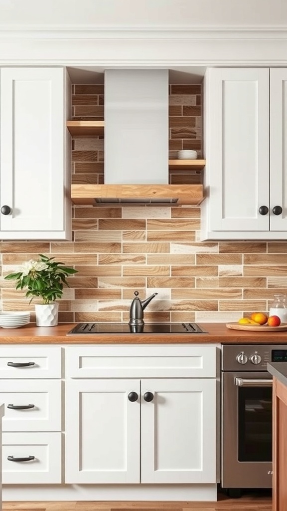 Natural wood plank backsplash in a modern kitchen with white cabinets